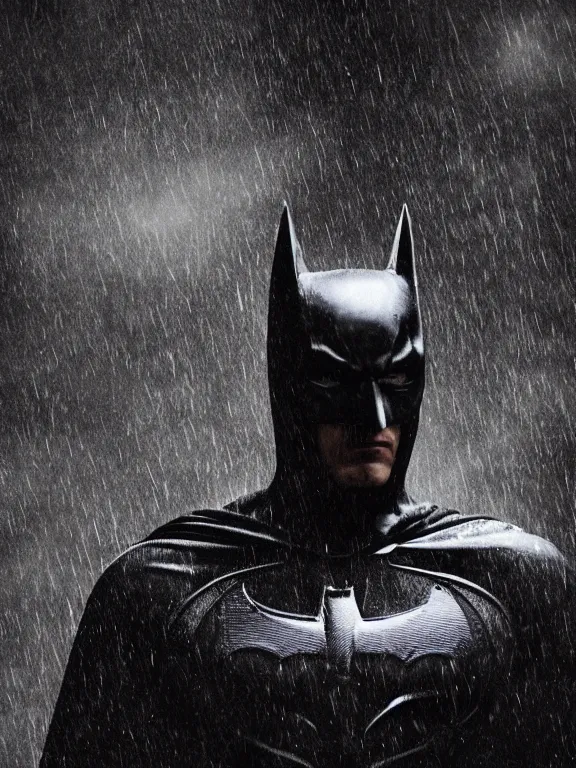 Image similar to film still, ryan renolds as batman, small mask, hyperrealism, moody lighting, rain, intricate, 8 k