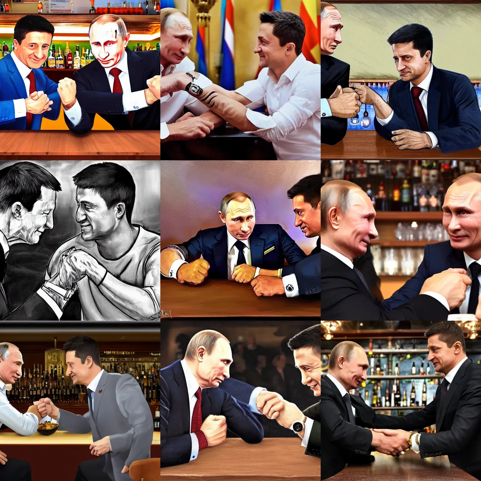 Prompt: vladimir putin and volodymyr zelensky arm wrestle in a bar, photorealistic, highly detailed, detailed faces