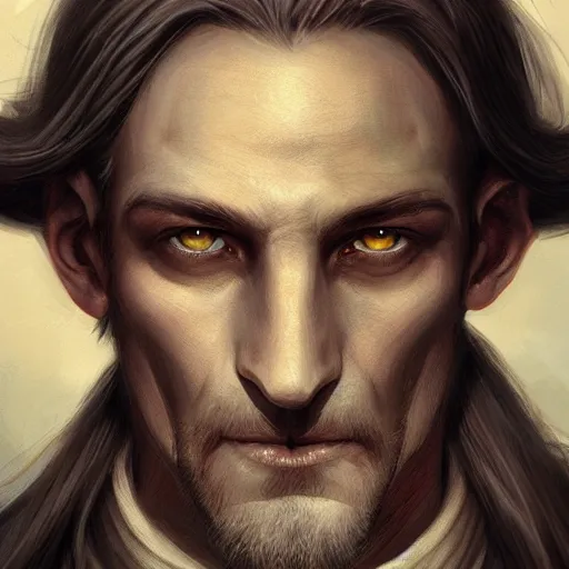 Prompt: a detailed matte head - on portrait painting of an middle - aged half - tiefling nobleman with golden eyes and short well kept hair, by charlie bowater, lise deharme, wlop, tending on arstation, dungeons and dragon, dnd, pathfinder, fanart, oil on canvas