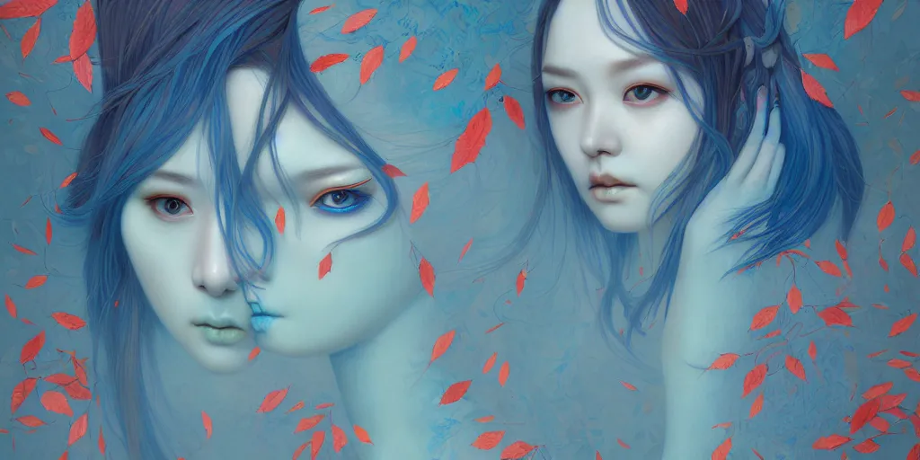 Image similar to breathtaking detailed concept art painting pattern of blue hair faces goddesses amalgamation autumn leaves with anxious piercing eyes, by hsiao - ron cheng and james jean, pastel colors, bizarre compositions, exquisite detail, 8 k