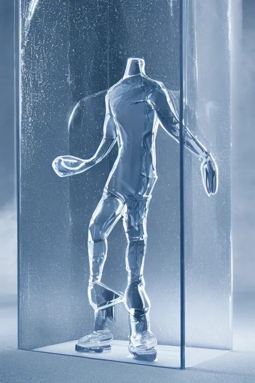 Prompt: transparent ice sculpture of squatting man in tracksuit, shiny, ultra realistic render, 4k, volumetric lighting, highly detailed, studio lighting, octane render, glowng, cold mist