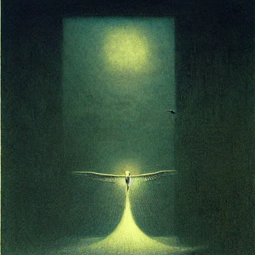 Image similar to hundreds flying birds, shining light, by beksinski, shining light, strong perspective, clear geometry, architecture, Award winning. Masterpiece, detailed illustration