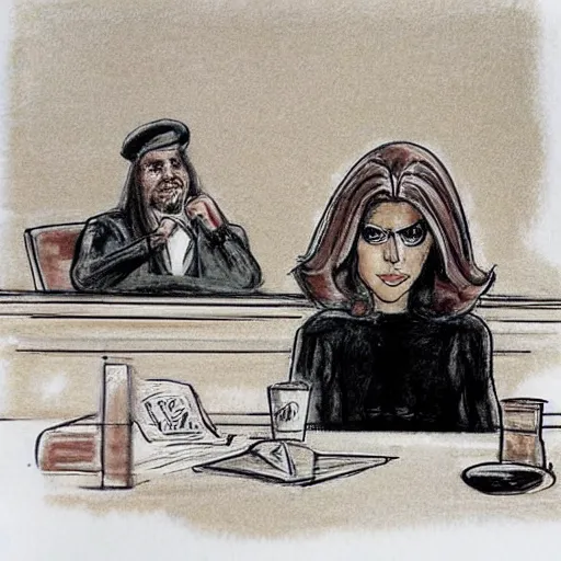 Prompt: courtroom sketch of lady gaga in the witness stand pointing at the hamburgler who is sitting at the defendant ’ s table