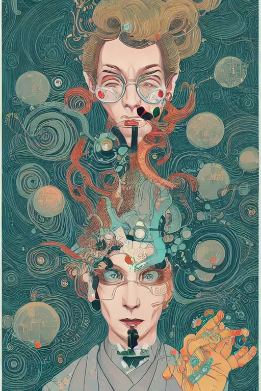 Image similar to portrait of mad lady scientist, stylized illustration by victo ngai, colorful comics style,