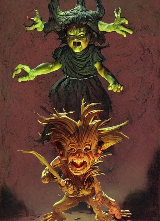 Image similar to possessed munchkin from oz, by lawrence alma-tadema and zdzislaw beksinski and norman rockwell and jack kirby and tom lovell and greg staples, artstation creature art