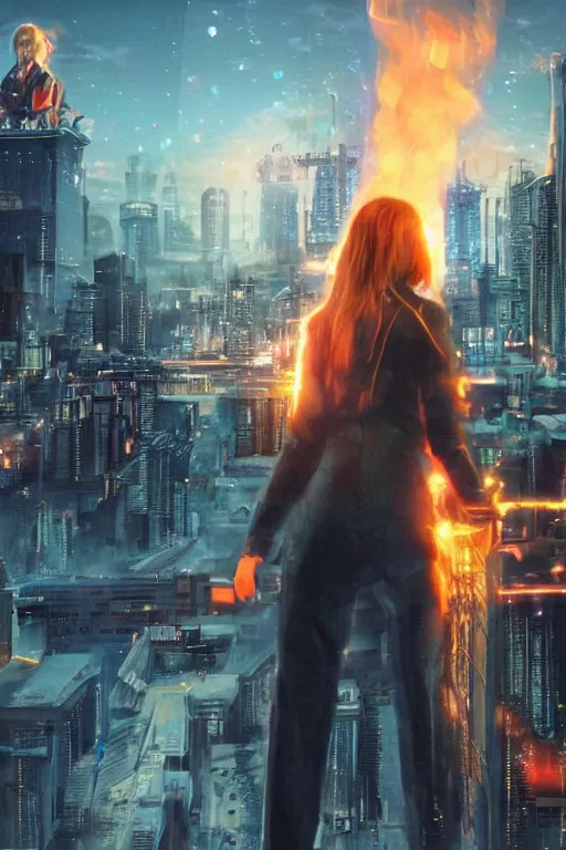 Image similar to in the foreground Saint Petersburg in cyberpunk, in the background a magnificent young blonde woman from behind playing with flames coming out of her hands wearing a long matrix-style jacket, realistic, high definition, many details, dramatic scene, symmetrical face, eyes realistic, art of alex ross