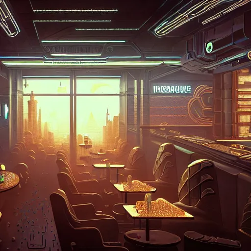 Image similar to futuristic cyberpunk restaurant, interior architecture view, beautiful detailed pixelart by albertov, intricate details, beautiful, dithered gradients, volumetric lighting, cgsociety, artstation, smooth, sharp focus, 2 d illustration, by greg rutkowski, amazing art by dan mumford