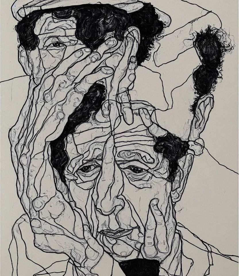 Prompt: line art portrait of leonard cohen inspired by egon schiele. contour lines, twirls and curves, musicality