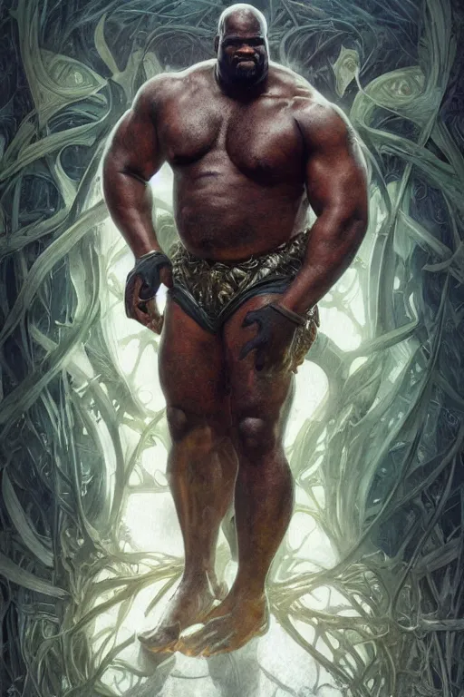 Prompt: portrait of shaquille o'neal as a hulking herculean demon, forest, godlike, full body, fantasy, intricate, elegant, highly detailed, digital painting, artstation, concept art, sharp focus, illustration, art by artgerm and greg rutkowski and alphonse mucha