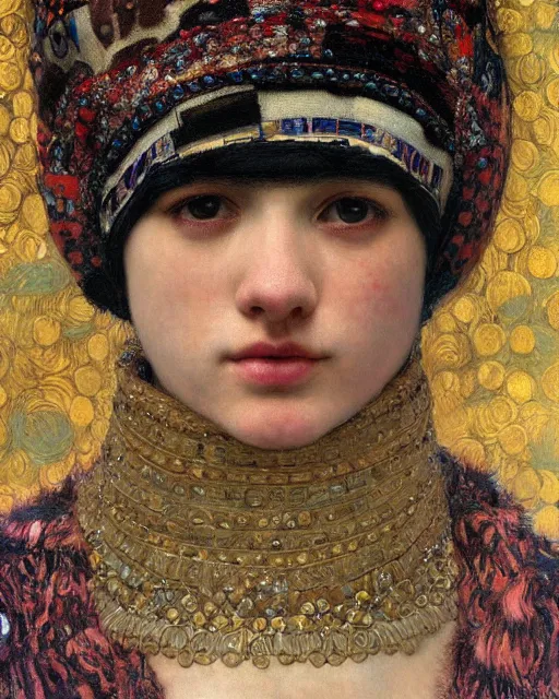 Image similar to a close up of beautiful wearing a balaclava surrounded by colourful intricate patterns, by gustave klimt edgar maxence and caravaggio and michael whelan, intricate painting, hyper realistic, extremely detailed and beautiful aesthetic face, 8 k resolution