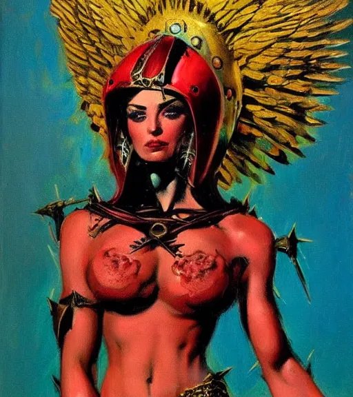 Image similar to portrait of strong iranian female chaos angel, beautiful! coherent! by frank frazetta, by brom, strong line, vivid neon color, spiked scrap metal armor, iron helm maximalist