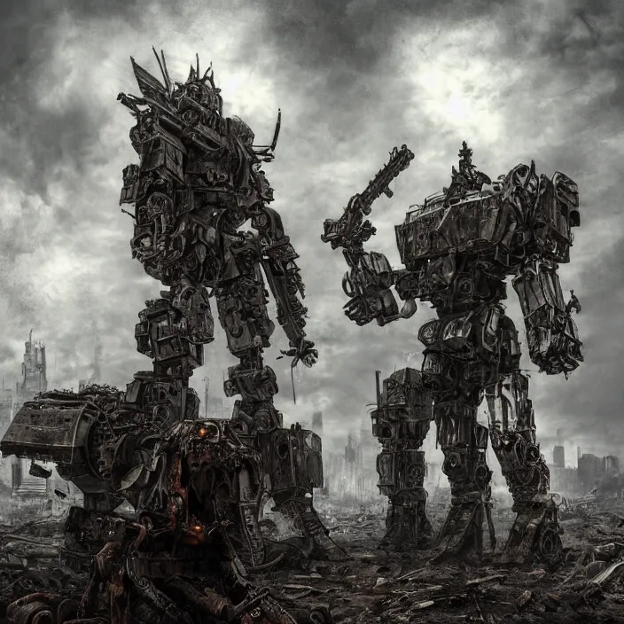 Image similar to gritty apocalyptic scene of human standing next to mech - warrior, hyper - detailed, sharp focus, 4 k ultra hd, fantasy dark art, apocalyptic art