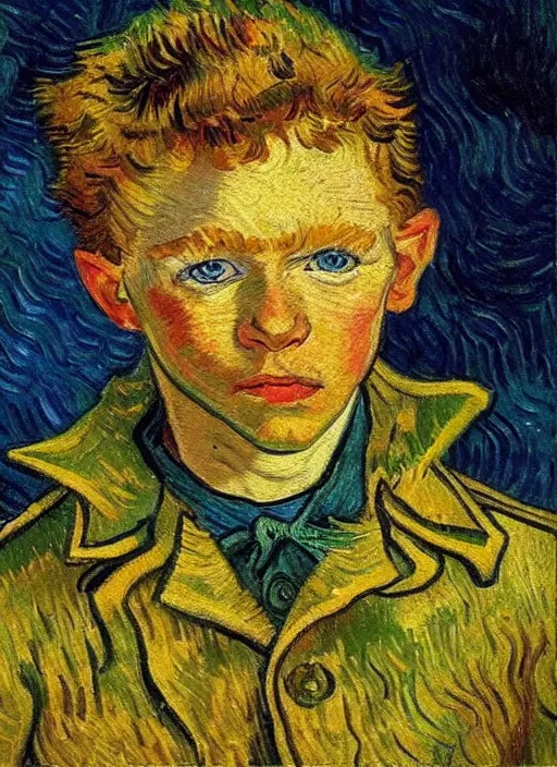 Image similar to lifelike oil painting portrait of peter pan by van gogh