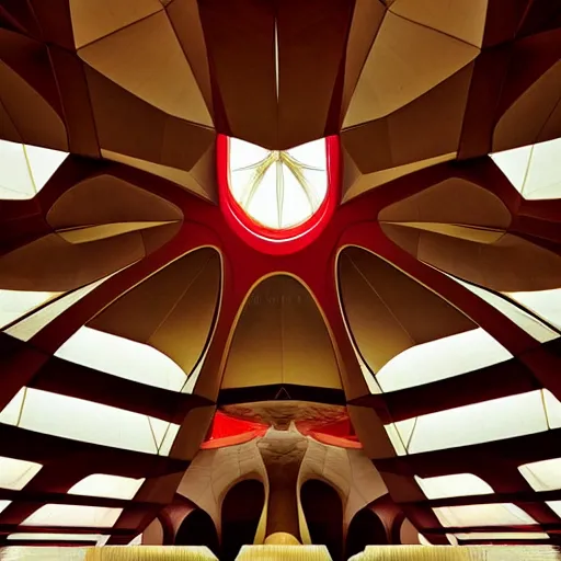 Image similar to interior of a futuristic lotus temple with gold, red and white marble panels, in the desert, by buckminster fuller and syd mead, intricate contemporary architecture, photo journalism, photography, cinematic, national geographic photoshoot