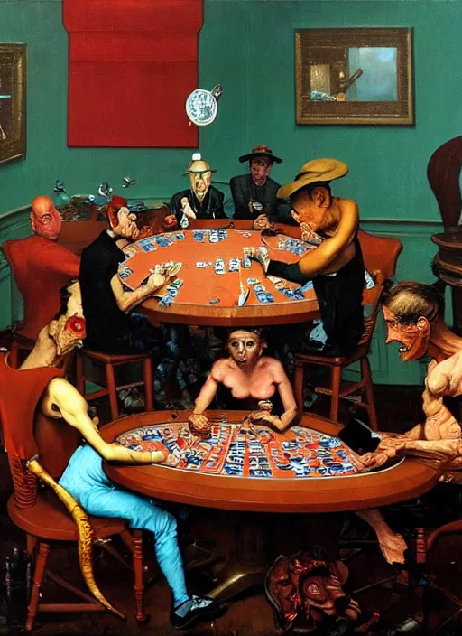 Prompt: realistic detailed image of dark figures playing poker by Francis Bacon, Surreal, Norman Rockwell and James Jean, Greg Hildebrandt, and Mark Brooks, triadic color scheme, By Greg Rutkowski, in the style of Francis Bacon and Syd Mead and Edward Hopper and Norman Rockwell and Beksinski, open ceiling, highly detailed, painted by Francis Bacon, painted by James Gilleard, surrealism, airbrush, Ilya Kuvshinov, WLOP, Stanley Artgerm, very coherent, art by Takato Yamamoto and James Jean