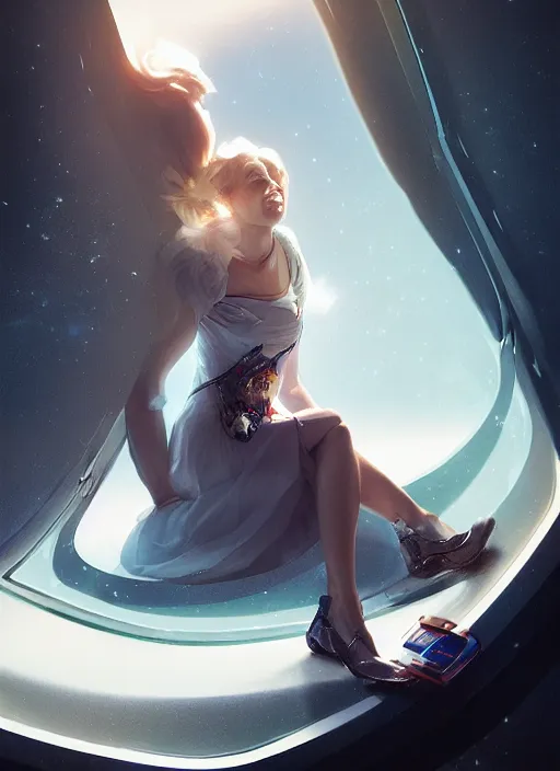 Prompt: woman sitting on a spaceship window, beautiful detailed dress, portrait, beautiful model girl, smiling, by artgerm, by wlop, by greg rutkowski, octane render, digital art