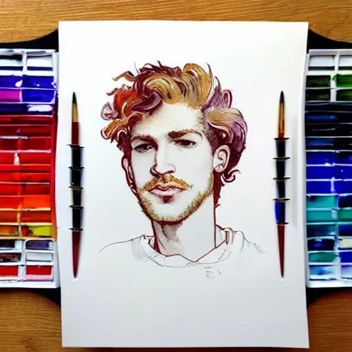 Image similar to abstract experimental watercolor drawing of a young cute handsome beautiful androgynous strawberry blond medium curly hair man in his early 2 0 s wearing a blank maroon t - shirt with grey - blue eyes, by elizabeth peyton and alphonse mucha and vincent van gogh, trending on artstation