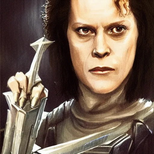 Prompt: sigourney weaver ( young ) as a d & d fighter, character portrait by wlop