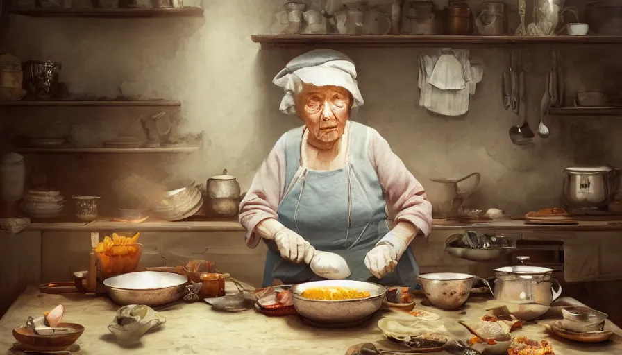 Image similar to old eastern lady cooking in her old 1 8 0 0's kitchen, pan and plates, hyperdetailed, artstation, cgsociety, 8 k