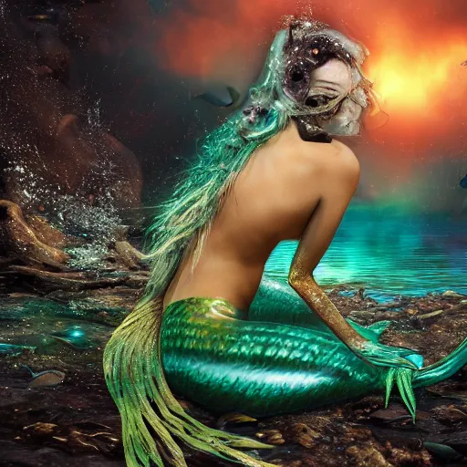 Prompt: a sad mermaid covered in toxic glowing sludge, wildlife photography, ultra realistic, intricate details, highly detailed, photorealistic, 8 k