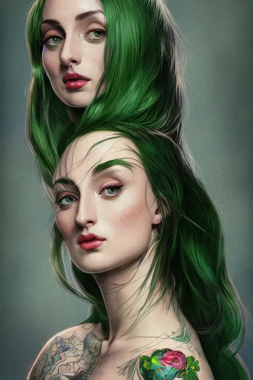 Prompt: upper body portrait shot of green hair tattooed pinup sophie turner, masterpiece, intricate, elegant, highly detailed, digital painting, artstation, concept art, smooth, sharp focus, illustration, art by artgerm and greg rutkowski and alphonse mucha and uang guangjian and gil elvgren and sachin teng, symmetry!!