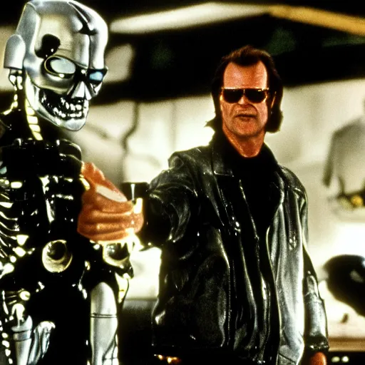 Prompt: Jack Nicholson plays terminator, scene where we see his endoskeleton