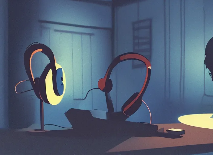 Image similar to man with headphones at his home studio producing music late at night, very detailed, 4 k, cory loftis, james gilleard, atey ghailan, makoto shinkai, goro fujita, studio ghibli, rim light, exquisite lighting, clear focus, very coherent