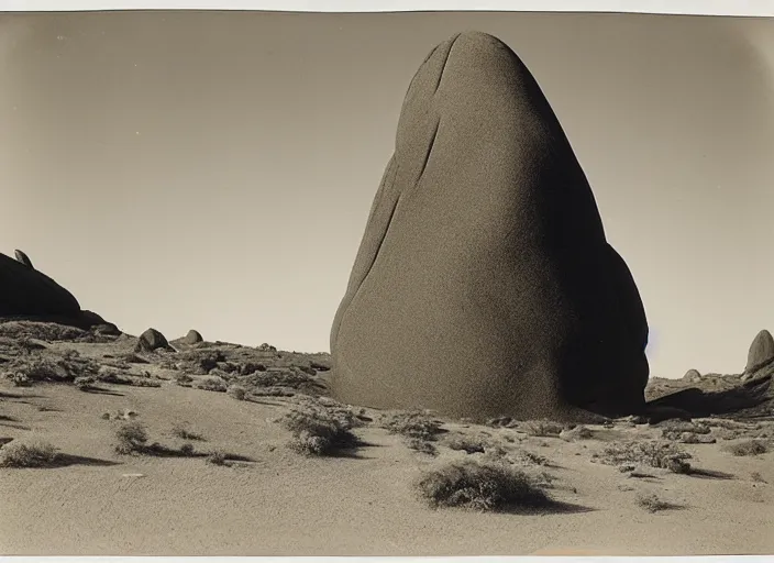 Image similar to Distant view of a huge inselberg carved by the wind and sand, towering over sparse desert vegetation, rocks and boulder, albumen silver print, Smithsonian American Art Museum