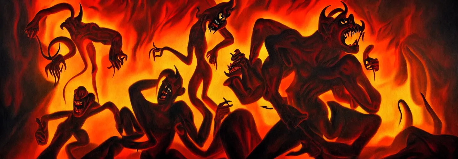 Prompt: hell demon, dramatic lighting, 1 9 3 0 s fleischer cartoon characters, wild emotional expressions - surreal painting by ronny khalil