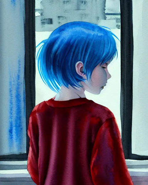 Image similar to watercolor painting of a pretty girl with Blue hair, wearing an oversized sweater, sitting by a windowsill, night. In the style of ilya kuvshinov, dramatic lighting, fantasy, intricate, elegant, highly detailed, lifelike, photorealistic, digital painting, bokeh, HDR, high resolution, artstation, concept art, smooth, sharp focus, art by Krenz Cushart and Albert Aublet