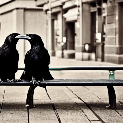 Prompt: photograph of three black crows sitting on the backrest of a bench, vintage, beautiful vibrant colors, city background, amazing scenery, award winning photography