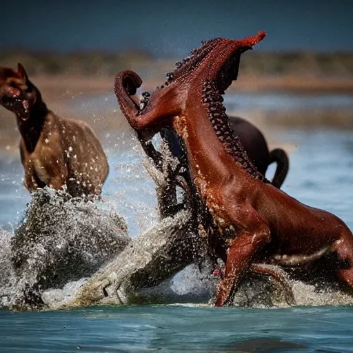 Image similar to National Geographic photo of horse full of octopus being eaten by African hunting dogs