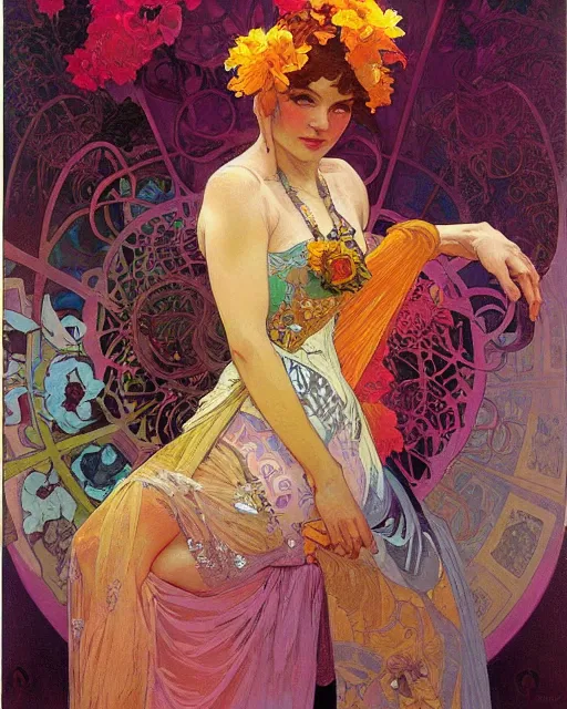 Image similar to flowerpunk portrait of a fierce matriarch by paul lehr, alphonse mucha