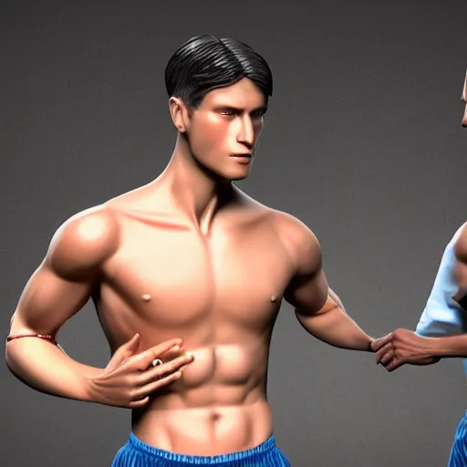 Image similar to a realistic detailed photo of a guy who is an attractive humanoid who is half robot and half humanoid, who is a male android, attractive and handsome soccer players, shiny skin, posing like a statue, blank stare, in a factory, on display, showing off his muscles, wearing soccer shorts, side view, looking at each other mindlessly