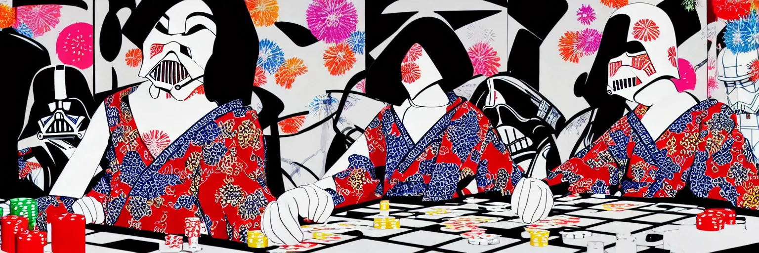 Image similar to hyperrealism composition of the detailed woman in a japanese kimono sitting at an extremely detailed poker table with darth vader and stormtrooper, fireworks on the background, pop - art style, jacky tsai style, andy warhol style, acrylic on canvas