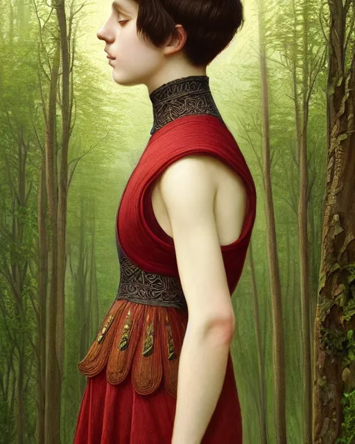 Prompt: symmetry portrait of welsh brunette student in mans tunic, embroidery, trees, tomboy, short hair, intricate forest background, intricate, elegant, highly detailed, digital painting, artstation, concept art, smooth, sharp focus, illustration, art by artgerm and greg rutkowski and fra angelico and alphons mucha