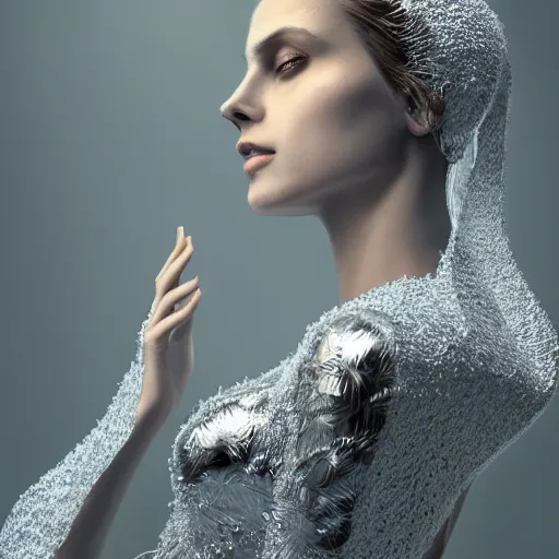 Image similar to a highly detailed digital image of a futuristic woman elegantly wrapped with silver leaves and blue ice cubes, by Andrea Chiampo, artstation and Frederik Heyman, extremely detailed woman, stunning volumetric lighting, hyper realism, fantasy 4k