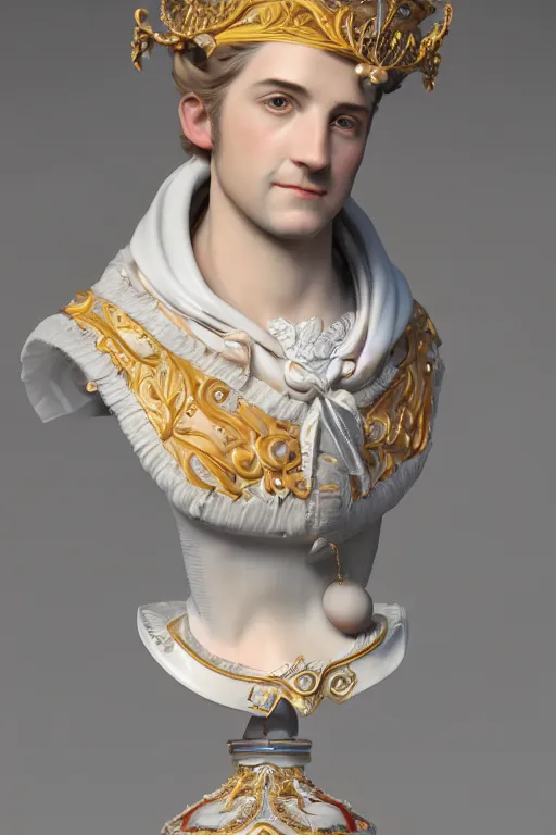 Prompt: a realistic porcelain rococo style bust of handsome young Spanish prince with colored pipecleaners for a crown and suspended in outer space, photorealism, octane render, depth of field, 8k, 35mm, artgem, Trending on artstation