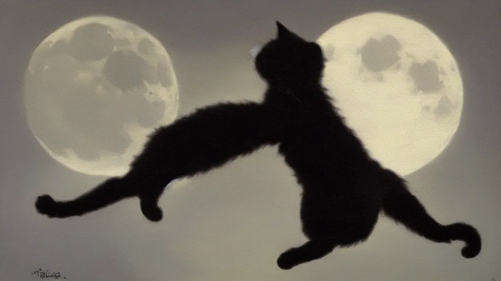 Prompt: a oil painting of a black and white persian cat jumping over a full moon.