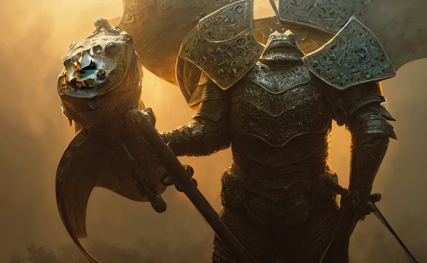 Image similar to a frog knight, holding up a large shield, battle armor, atmospheric lighting painted intricate volumetric lighting, beautiful, sharp focus, ultra detailed by leesha hannigan, ross tran, thierry doizon, kai carpenter, ignacio fernandez rios