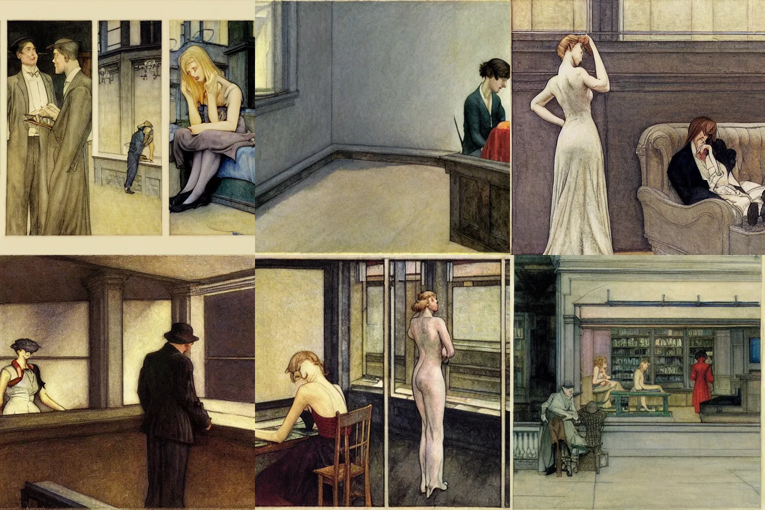 Prompt: multitude of words. by edward hopper, arthur rackham and milo manara