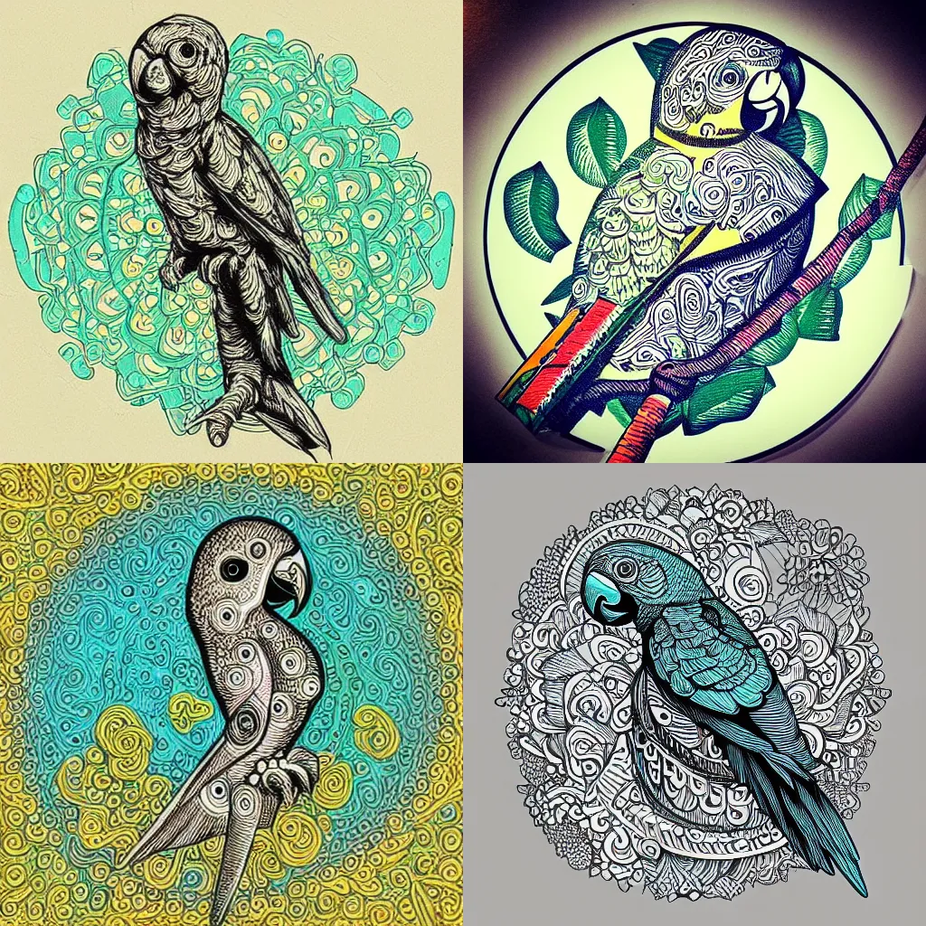 Prompt: “an intricate baby parrot, dotart in the style of James Jean”