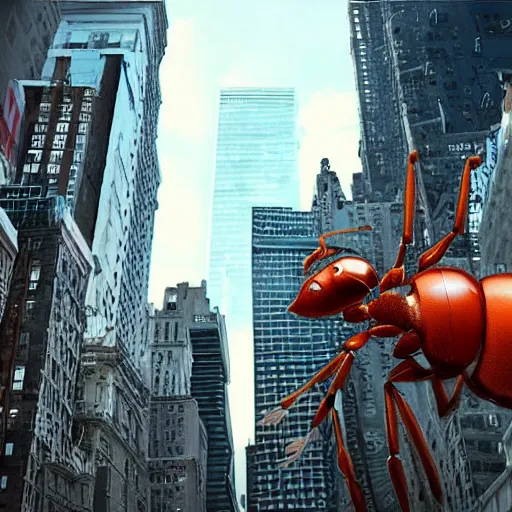 Prompt: giant cyborg ant walking over New York city, scary, movie still, 4k