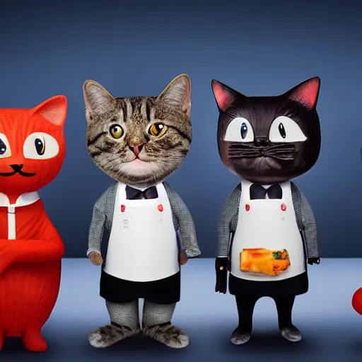 Image similar to anthropomorphic cats competing at masterchef, studio shot