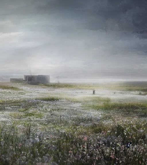 Prompt: andrei tarkovsky scene, a matte painting of a white stepped architecture in the mining tailings in the desert, biroremediation, prairie, cottage town, foggy, patchy flowers, oil painting, pale colors, high detail, 8 k, wide angle, trending on artstation, behance