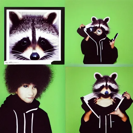 Image similar to medium shot, photo of a girl in a detailed hyperrealistic raccoon mask, wearing a green hoodie, holding a vinyl record, 8 0 - s fashion, polaroid photo, by warhol,