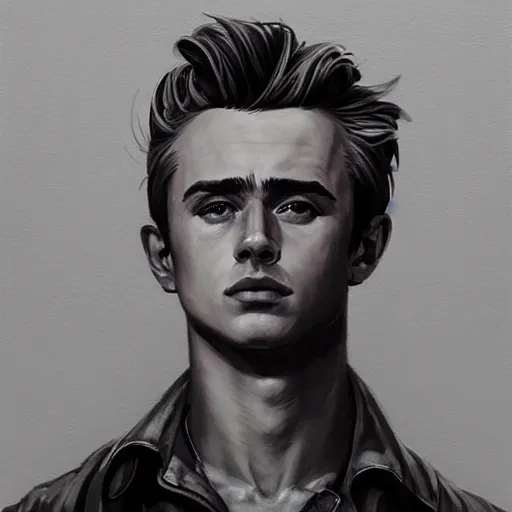 Image similar to a highly detailed epic cinematic concept art CG render digital painting artwork costume design: young James Dean as a well-kept neat anarchist rebel in 1950s USSR mechanic outfit and big boots. By Greg Rutkowski, Ilya Kuvshinov, WLOP, Stanley Artgerm Lau, Ruan Jia and Fenghua Zhong, trending on ArtStation, subtle muted cinematic colors, made in Maya, Blender and Photoshop, octane render, excellent composition, cinematic atmosphere, dynamic dramatic cinematic lighting, aesthetic, very inspirational, arthouse