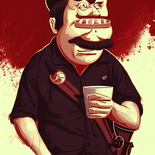 Prompt: guy named luis barlock. coffee addict and ruthless coffee bean psychopath. chubby face. centered median photoshop filter cutout vector behance artgem hd jesper ejsing!