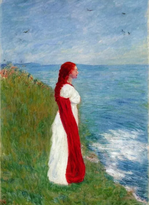 Prompt: A woman standing by the sea, looking out into the distance, in a white dress that develops in the wind, she has red hair, impressionism style