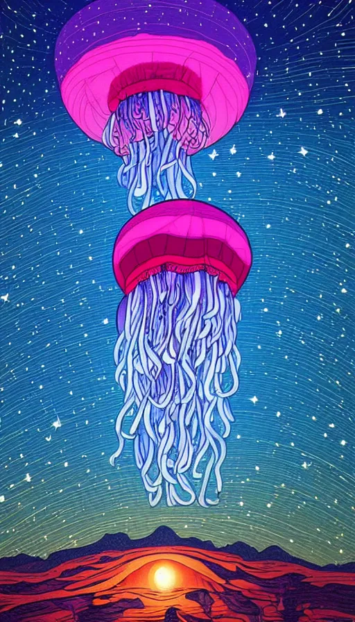 Prompt: The luminous jellyfish floating in starlit sunset sky, italian futurism, Dan Mumford, da vinci, Josan Gonzalez